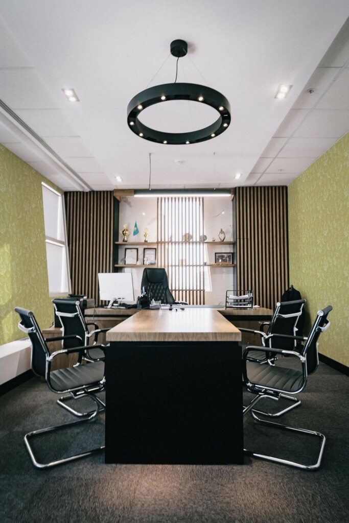 Dark modern style office decorated with Neutral office peel and stick wallpaper