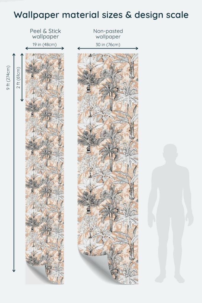 Size comparison of Neutral palm tree Peel & Stick and Non-pasted wallpapers with design scale relative to human figure