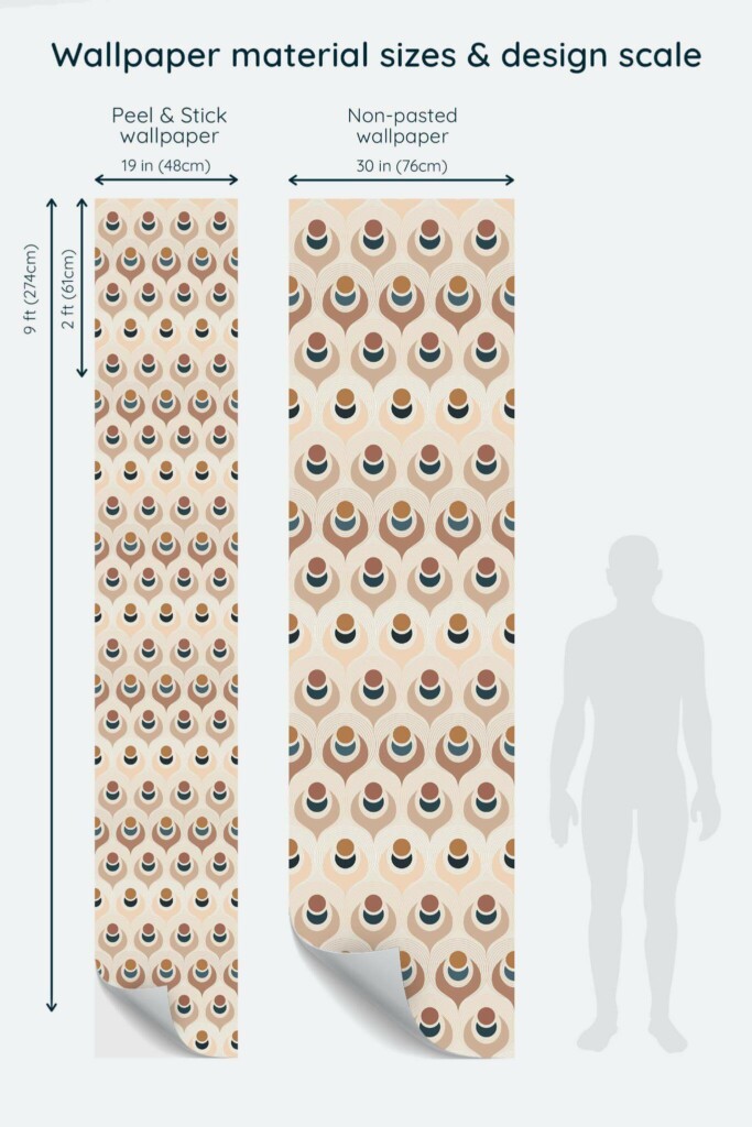 Size comparison of Neutral retro geometric Peel & Stick and Non-pasted wallpapers with design scale relative to human figure