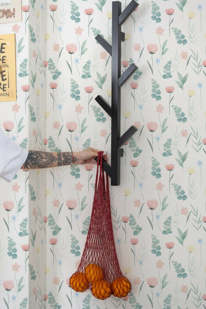 Scandinavian style kitchen decorated with Neutral watercolor Flower peel and stick wallpaper