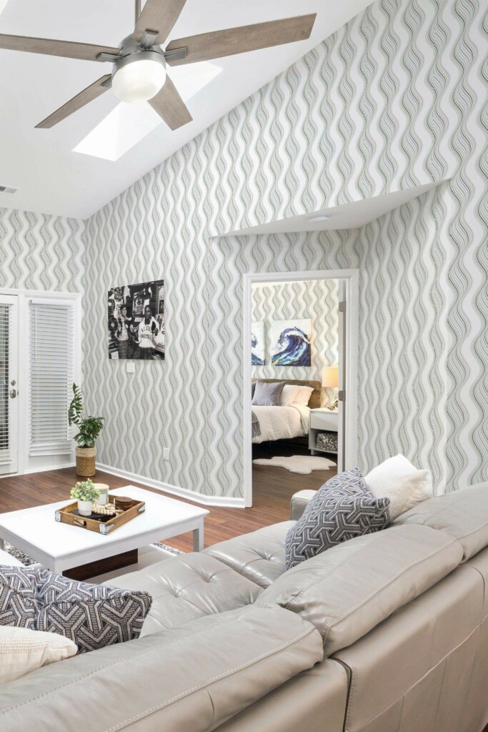 Coastal scandinavian style living room and bedroom decorated with Neutral waves peel and stick wallpaper