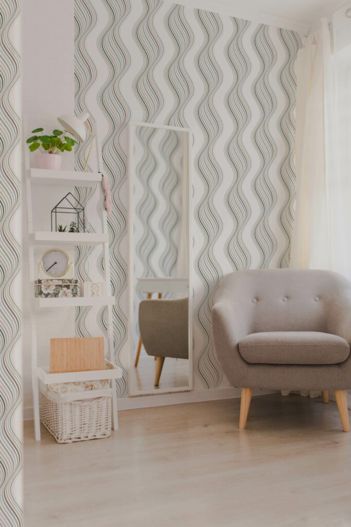 Light boho style living room decorated with Neutral waves peel and stick wallpaper