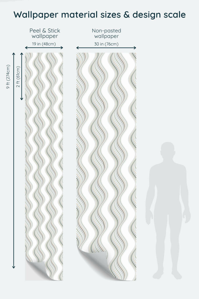 Size comparison of Neutral waves Peel & Stick and Non-pasted wallpapers with design scale relative to human figure