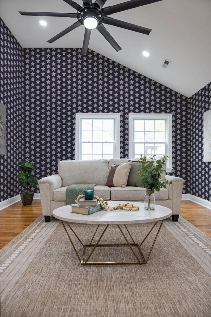Scandinavian style living room decorated with New year star peel and stick wallpaper