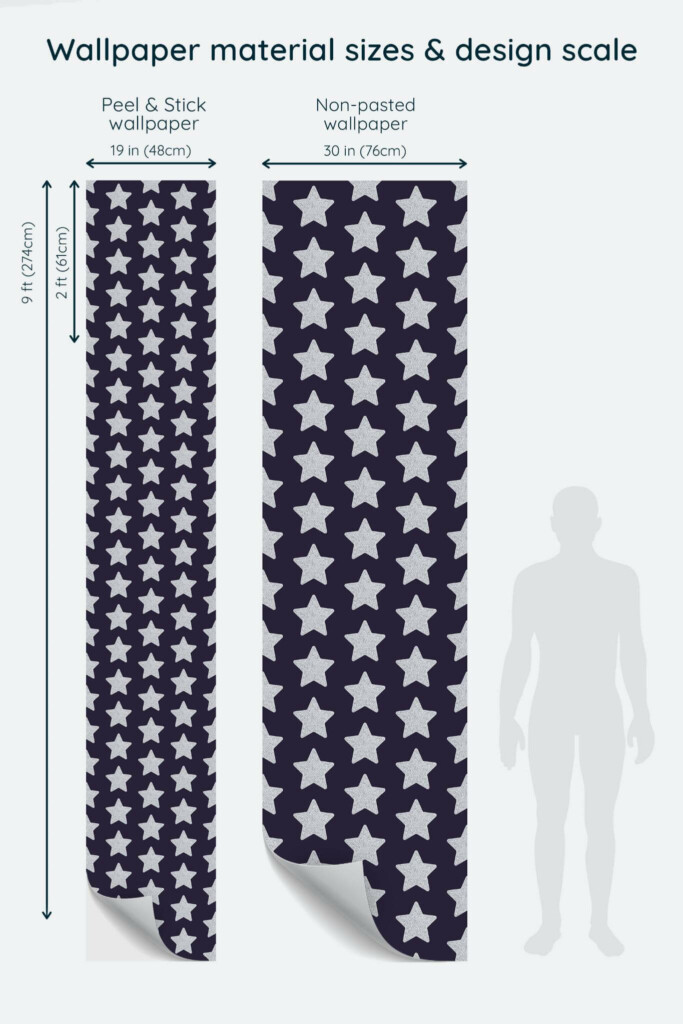 Size comparison of New Year star Peel & Stick and Non-pasted wallpapers with design scale relative to human figure