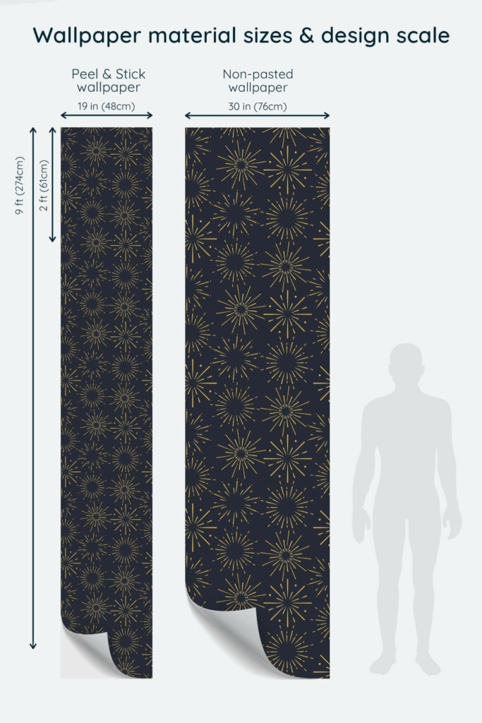 Size comparison of New Year Peel & Stick and Non-pasted wallpapers with design scale relative to human figure