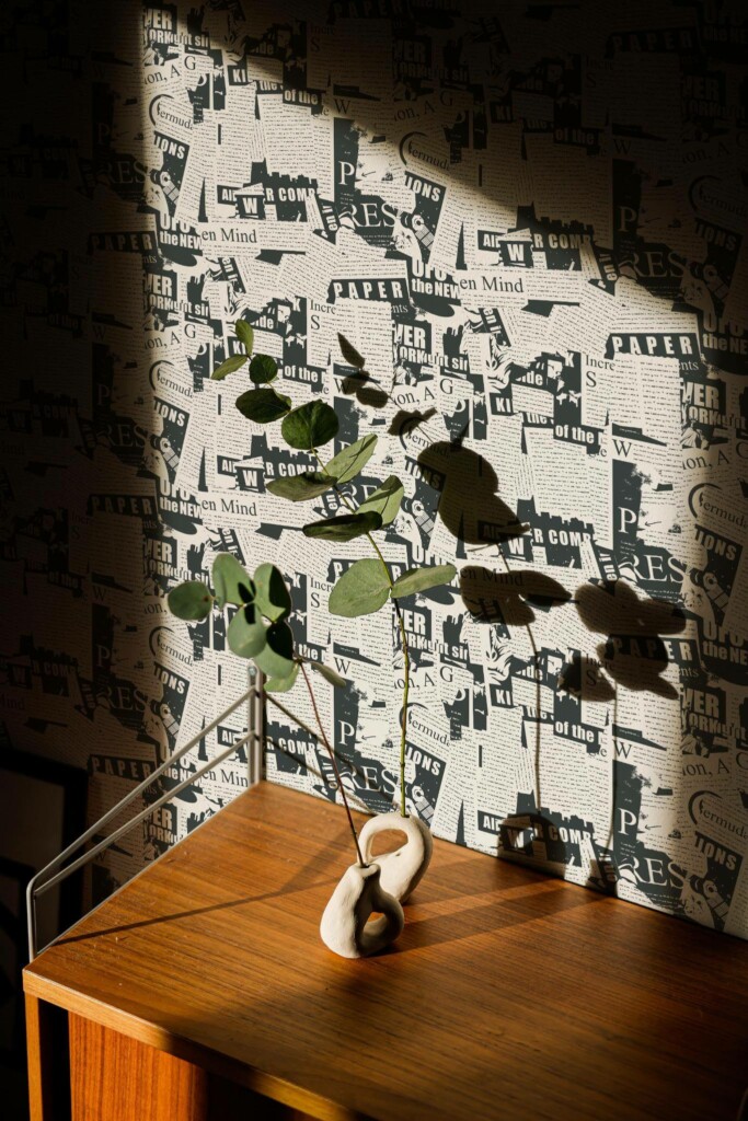 Mid-century style living room decorated with Newspaper peel and stick wallpaper