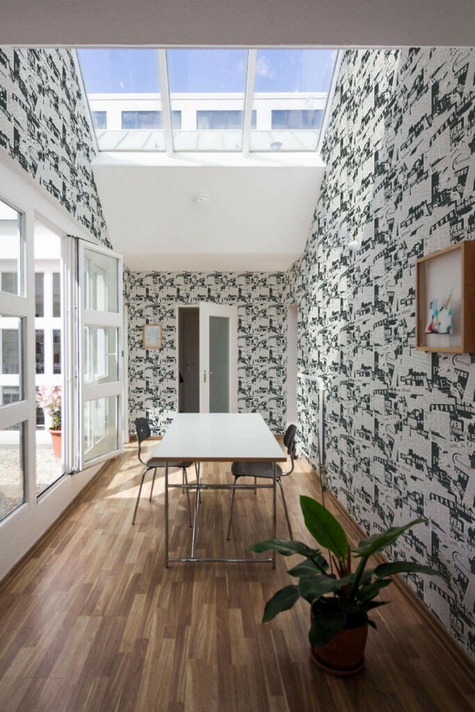 Minimal style dining room next to a balcony decorated with Newspaper peel and stick wallpaper