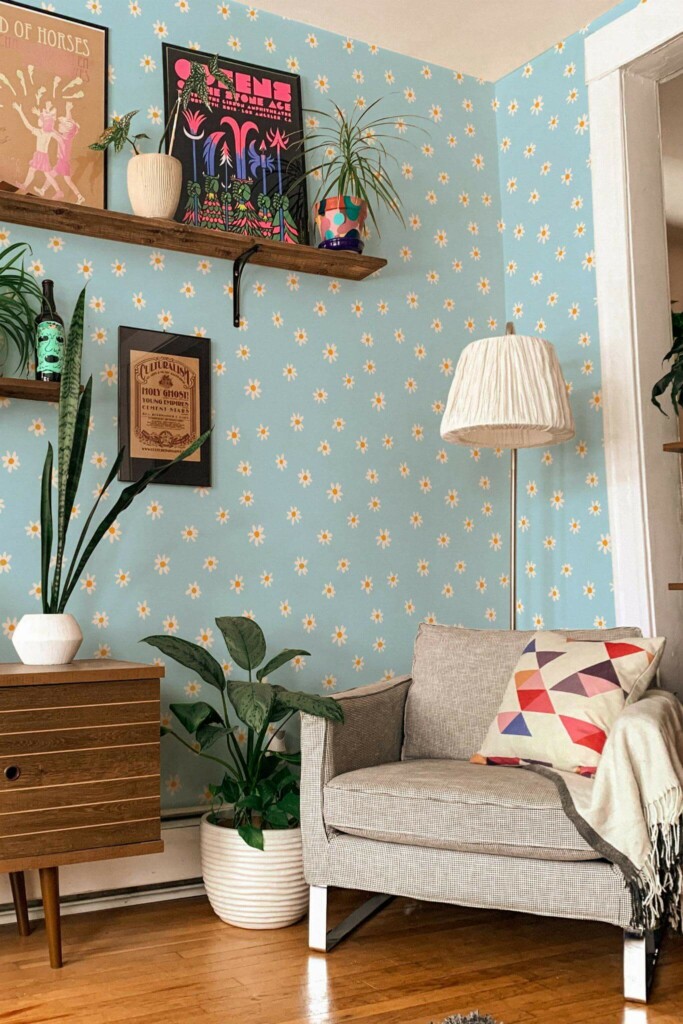 Eclectic style living room decorated with Nice daisies peel and stick wallpaper