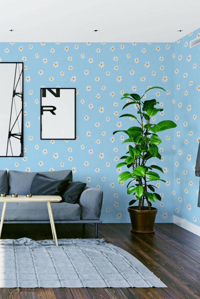 Modern scandinavian style living room decorated with Nice daisies peel and stick wallpaper