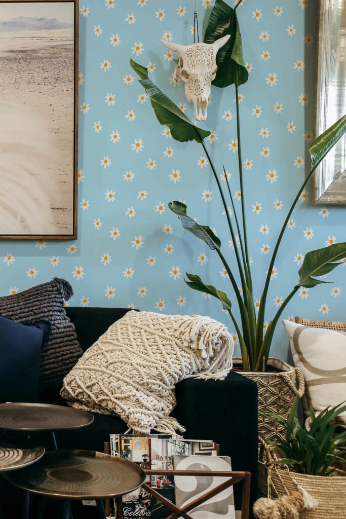Scandinavian style living room decorated with Nice daisies peel and stick wallpaper