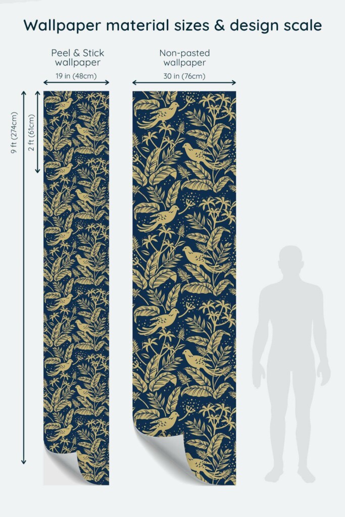 Size comparison of Night bird Peel & Stick and Non-pasted wallpapers with design scale relative to human figure