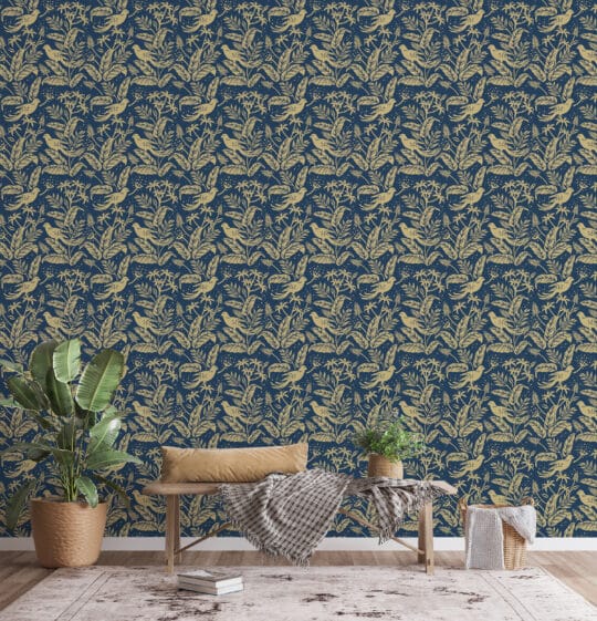 bird navy blue traditional wallpaper