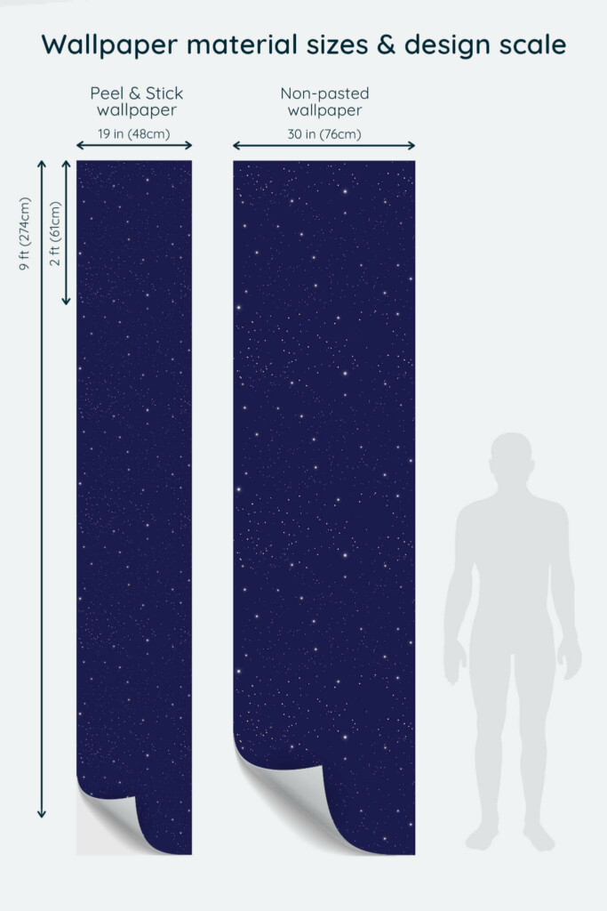 Size comparison of Night Sky Blues Peel & Stick and Non-pasted wallpapers with design scale relative to human figure