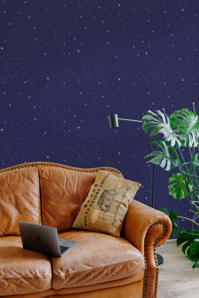 Mid-century modern style living room decorated with Night sky peel and stick wallpaper