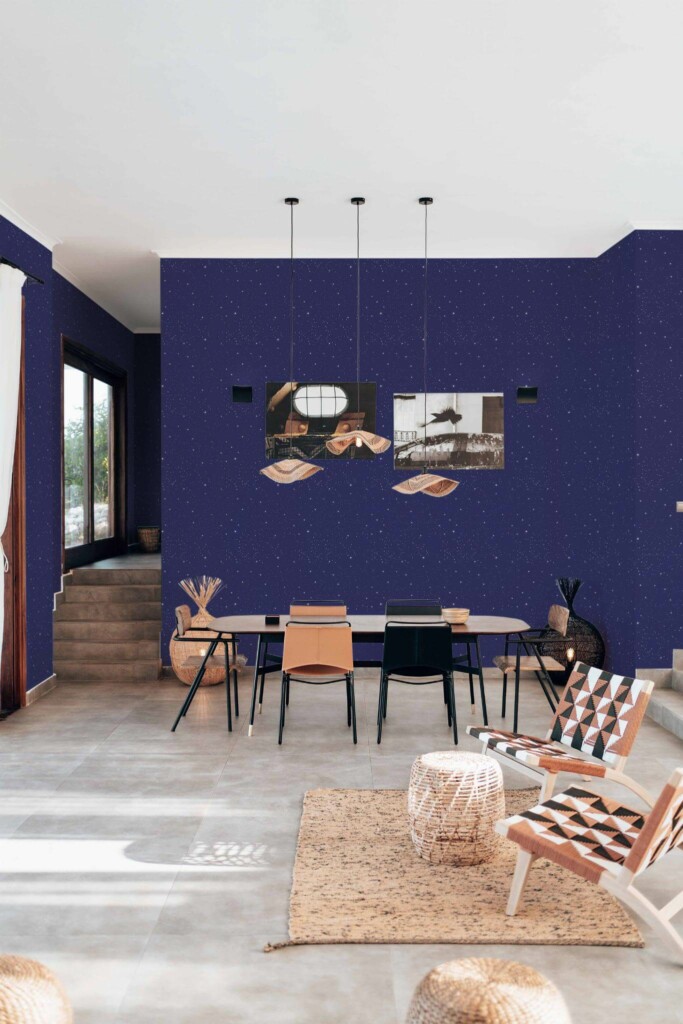 Modern boho style living dining room decorated with Night sky peel and stick wallpaper