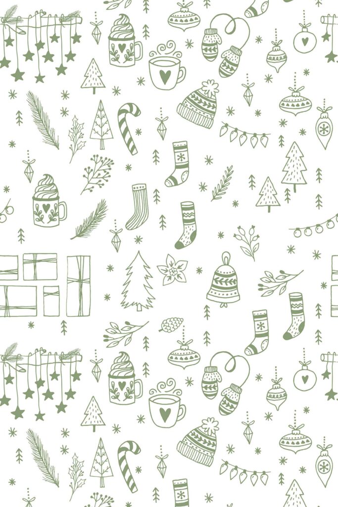 Green fun self-adhesive wallpaper with Christmas doodles for a vibrant living room by Fancy Walls