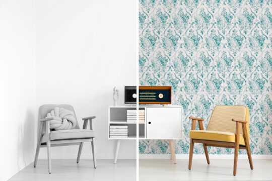 Non-pasted Teal retro damask wallpaper for walls from Fancy Walls