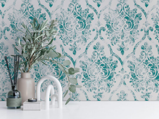 Fancy Walls' peel and stick Teal retro damask wallpaper for bars