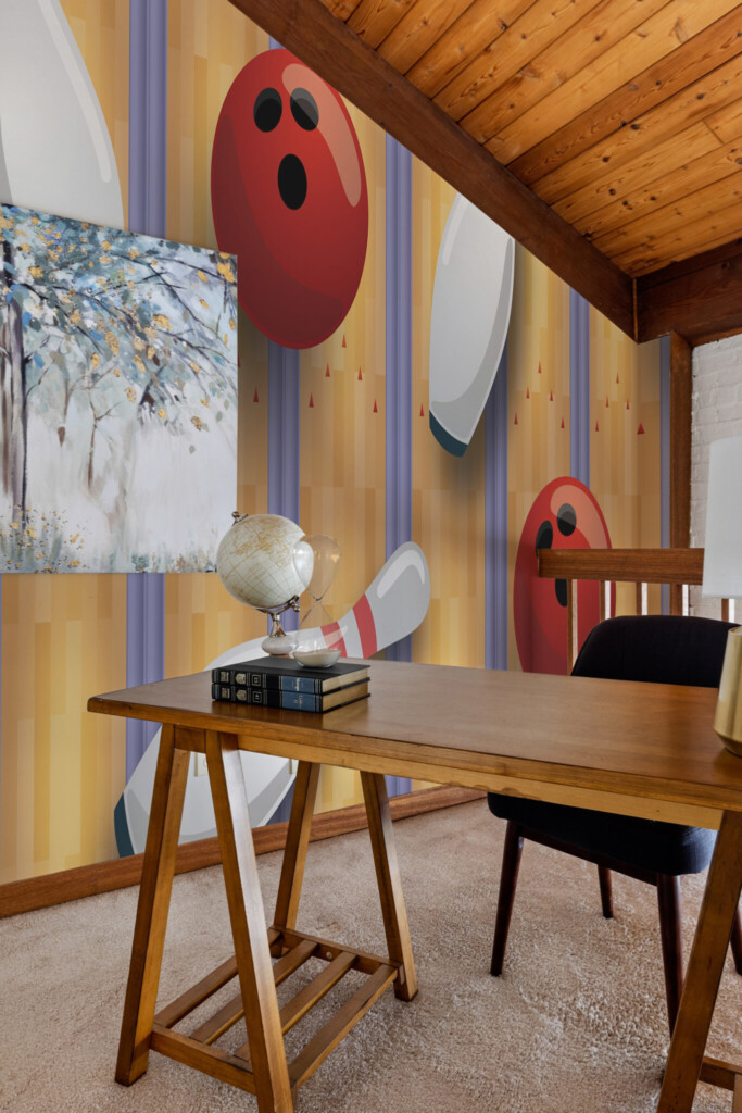 Removable wall mural for kids’ rooms, home gyms, or sports lounges, showing abstract bowling alley action in a colorful novelty pattern. The Fancy Walls peel and stick or non-pasted wallpaper.