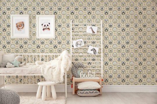 nursery beige black and white traditional wallpaper
