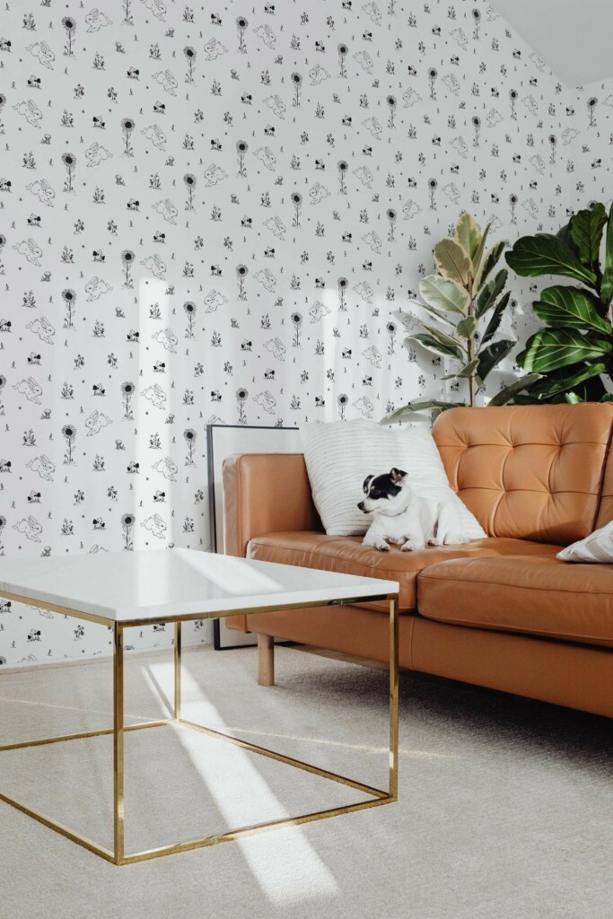 Mid-century modern style living room with dog on a sofa decorated with Nursery bunny peel and stick wallpaper
