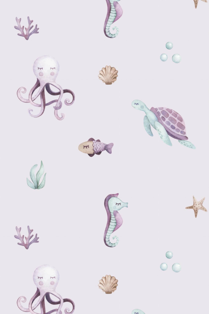 Pattern repeat of Nursery sealife removable wallpaper design