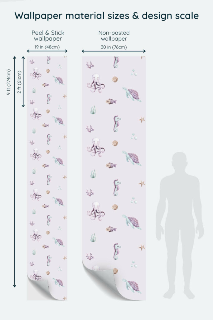 Size comparison of Nursery sealife Peel & Stick and Non-pasted wallpapers with design scale relative to human figure