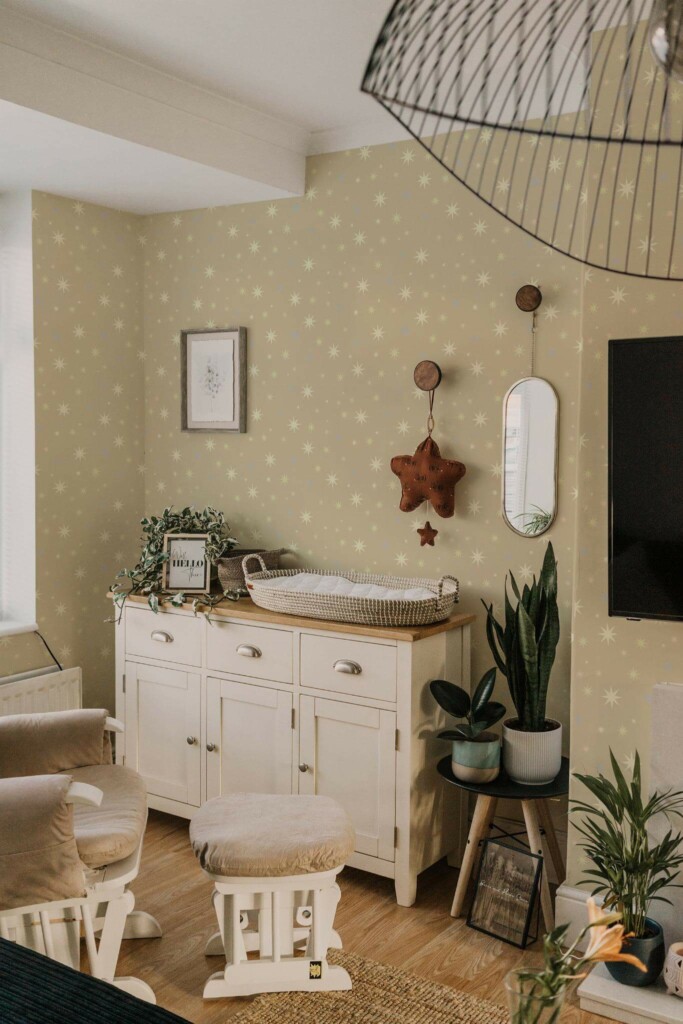 Neutral style nursery decorated with Nursery stars peel and stick wallpaper