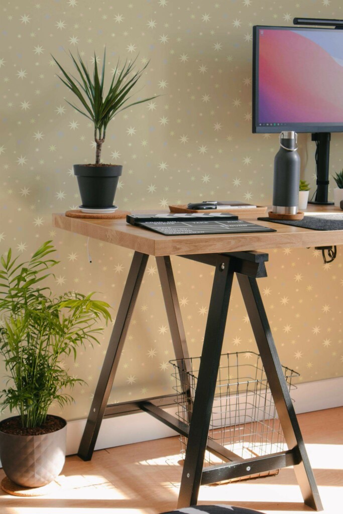 Scandinavian style home office decorated with Nursery stars peel and stick wallpaper