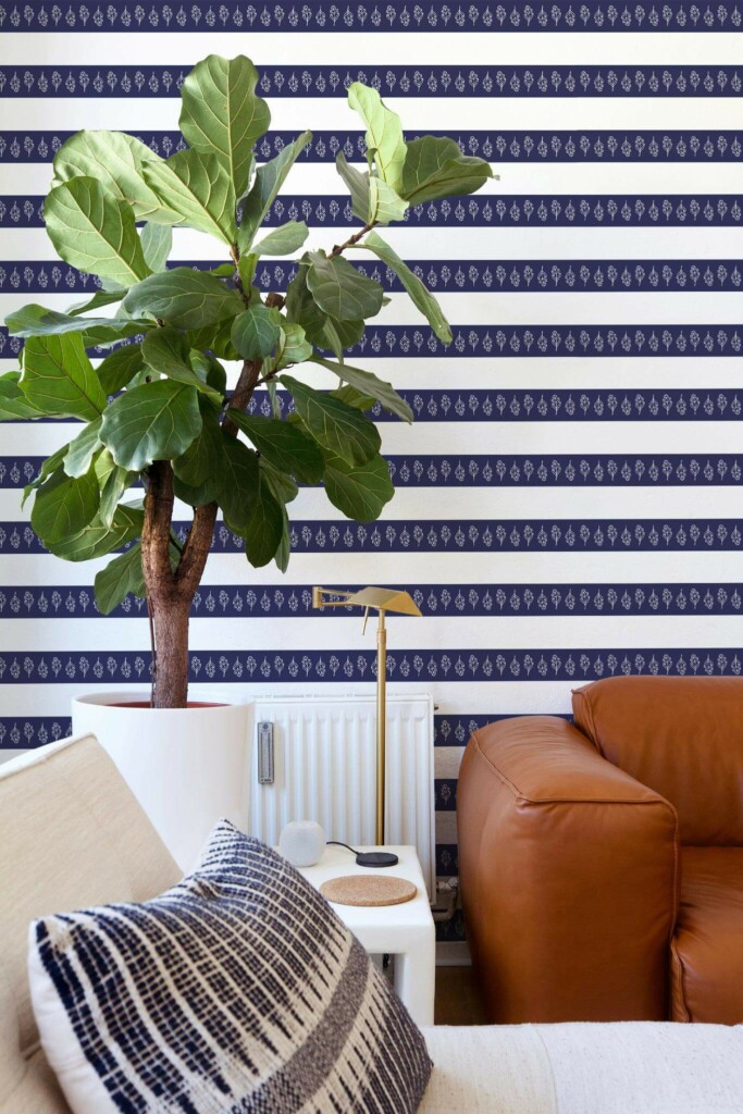Mid-century style living room decorated with Oak leaf wide stripe peel and stick wallpaper