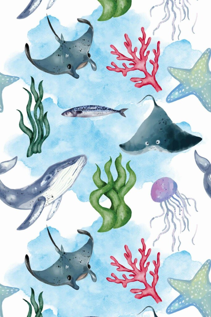 Pattern repeat of Ocean life removable wallpaper design