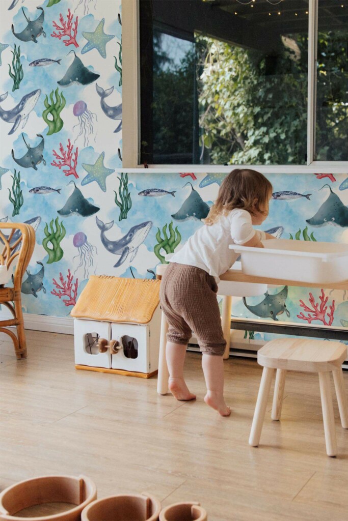 Bohemian style kids room decorated with Ocean life peel and stick wallpaper