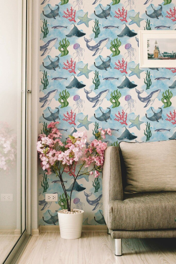 Modern farmhouse style living room decorated with Ocean life peel and stick wallpaper