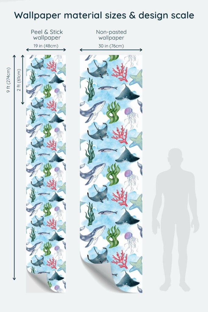 Size comparison of Ocean life Peel & Stick and Non-pasted wallpapers with design scale relative to human figure