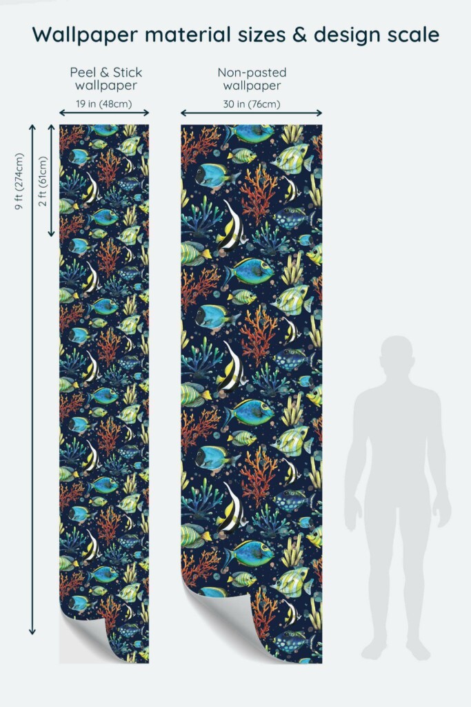 Size comparison of Ocean Peel & Stick and Non-pasted wallpapers with design scale relative to human figure