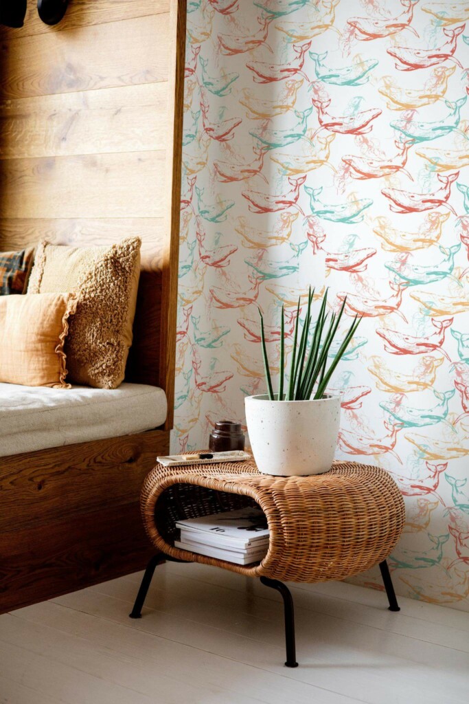 Mid-century modern style bedroom decorated with Ocean whales peel and stick wallpaper