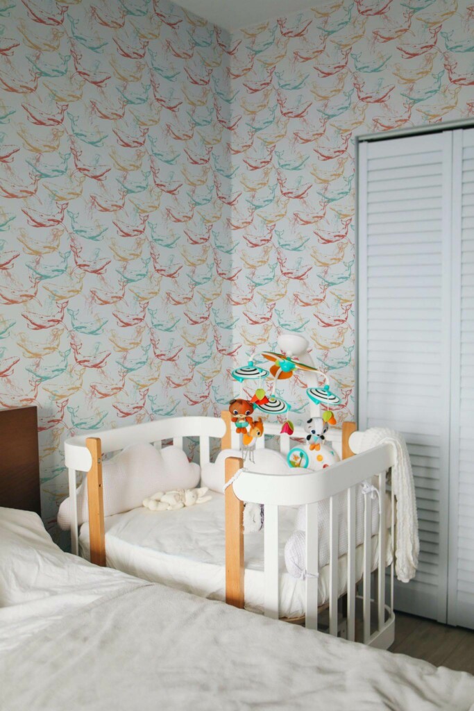 Scandinavian style nursery decorated with Ocean whales peel and stick wallpaper