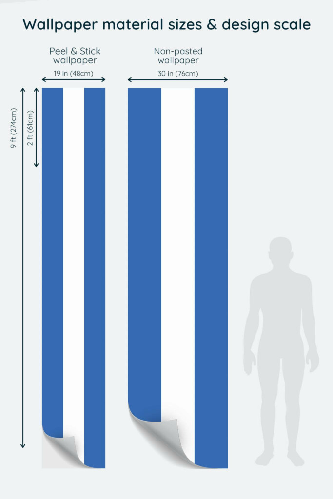 Size comparison of Oceanic Contrast Lines Peel & Stick and Non-pasted wallpapers with design scale relative to human figure
