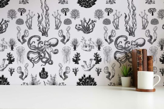 Octopus Oasis in Grayscale wallpaper for accent walls