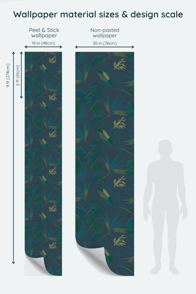 Size comparison of Office jungle Peel & Stick and Non-pasted wallpapers with design scale relative to human figure