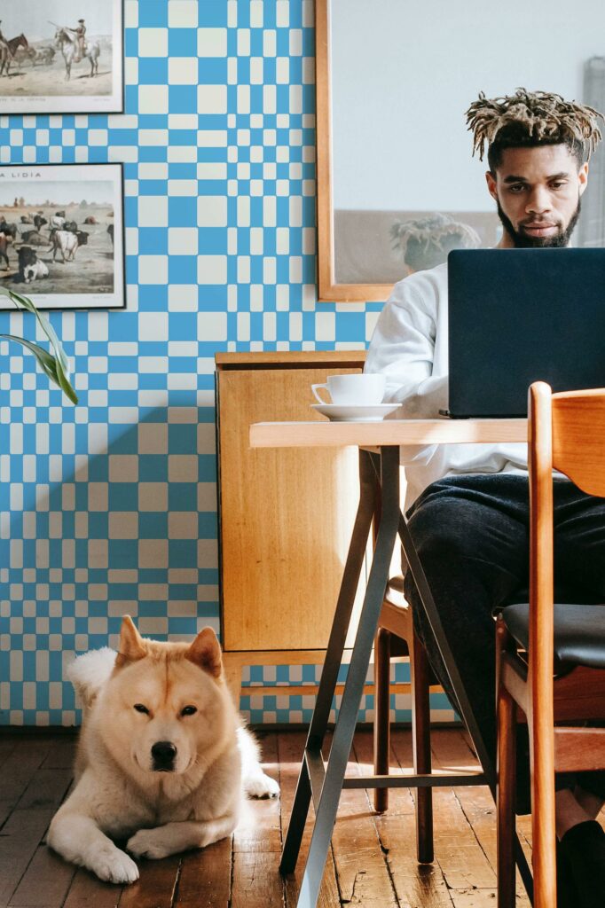 Blue and white checkered peel and stick wallpaper for study space or dorm room