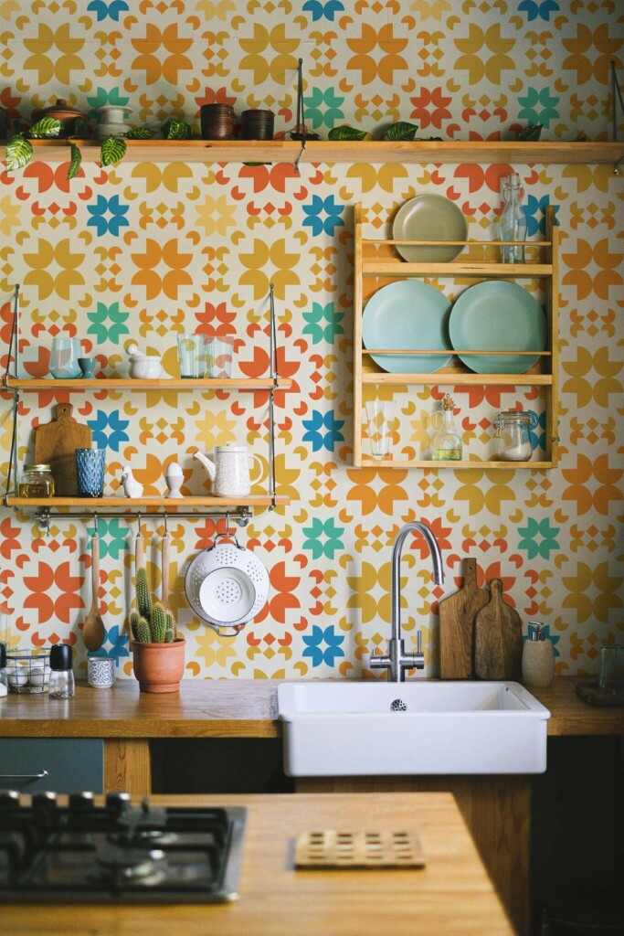 Rustic farmhouse style kitchen decorated with Oldschool geometric peel and stick wallpaper