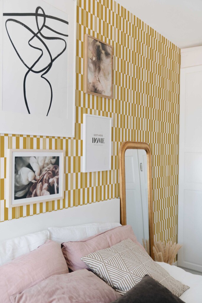 Mustard yellow wallpaper for walls in retro geometric design by Fancy Walls