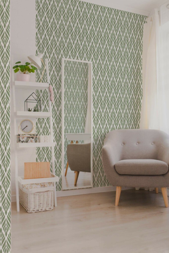 Light boho style living room decorated with Olive green Art deco peel and stick wallpaper