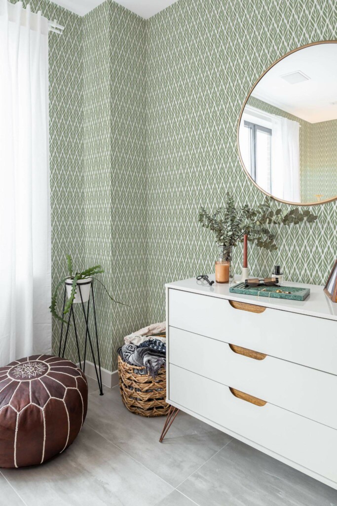Scandinavian style bedroom decorated with Olive green Art deco peel and stick wallpaper and Mediterranean accents