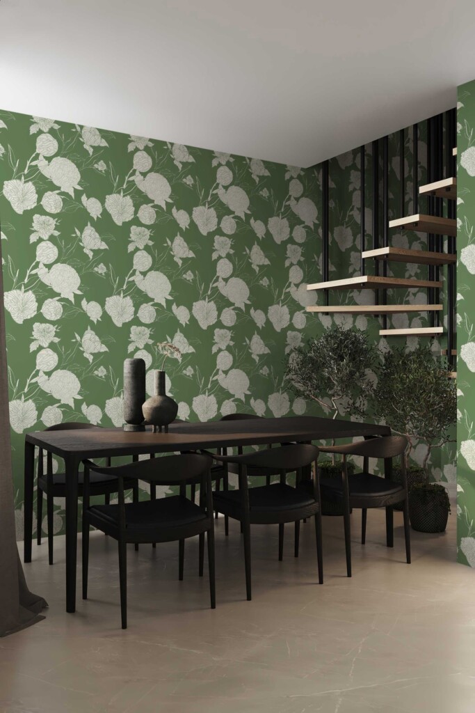 Fancy Walls peel and stick wallpaper in olive green floral pattern for dining room walls. Retro Peonies removable wallpaper