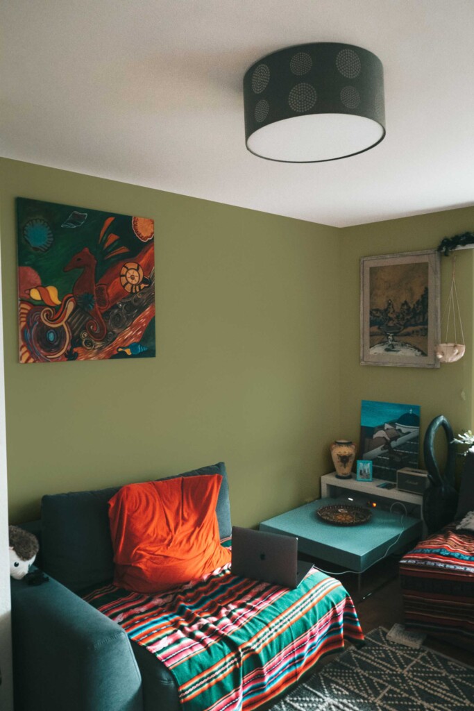 Traditional wallpaper in solid olive green by Fancy Walls with a timeless organic feel