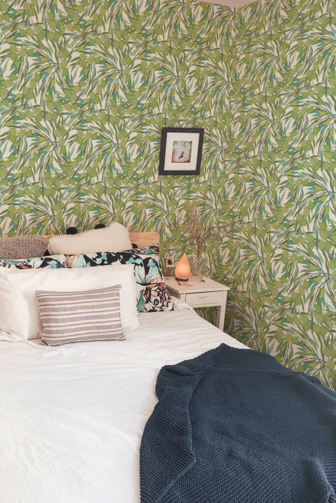 Minimal boho style bedroom decorated with Olive tree peel and stick wallpaper