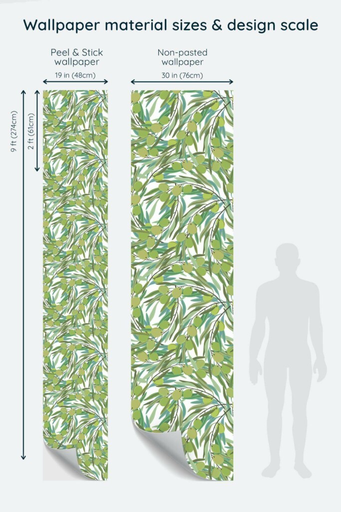 Size comparison of Olive trees Peel & Stick and Non-pasted wallpapers with design scale relative to human figure